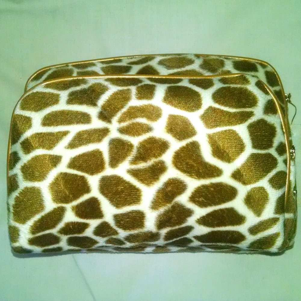 Vintage 2 Pcs Giraffe Animal Print Fury Fashion Fun Sexy Cosmetic Makeup Bags - Picture 5 of 13